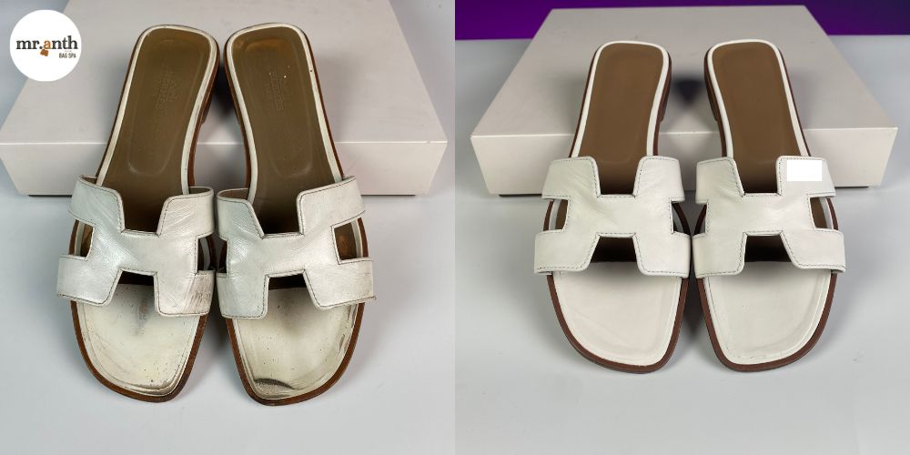 Hình ảnh đôi dép Hermes của chị Lan Anh trước và sau khi thực hiện