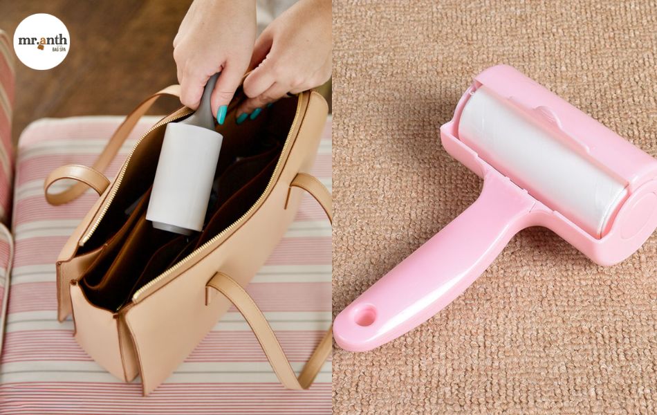 Dùng cây lăn bụi để làm sạch túi xách da lộn
