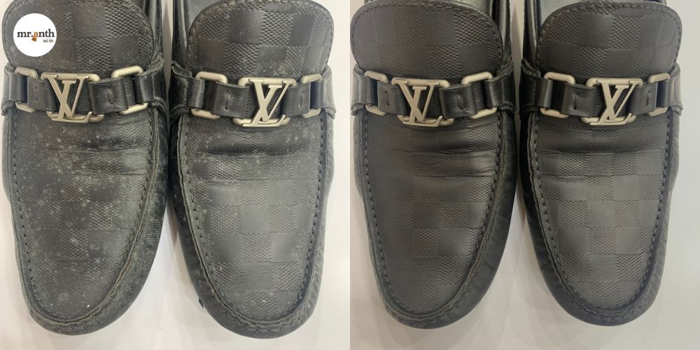 Hình ảnh đôi giày LV của anh Hoàng trước và sau khi sử dụng dịch vụ
