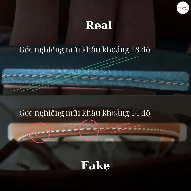 Phân biệt túi Hermes thật và giả bằng cách kiểm tra góc nghiêng của mũi khâu