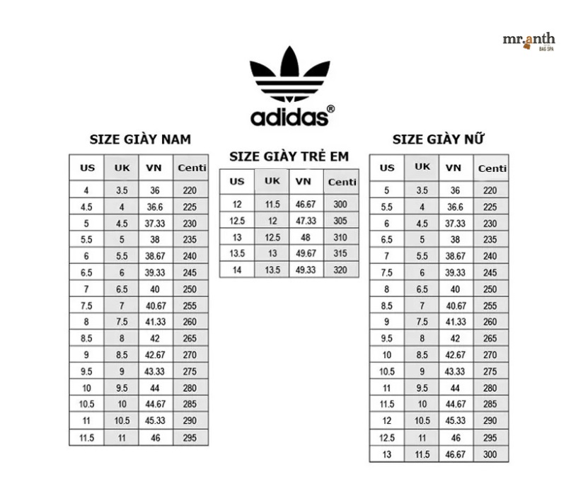 Bảng size giày Adidas