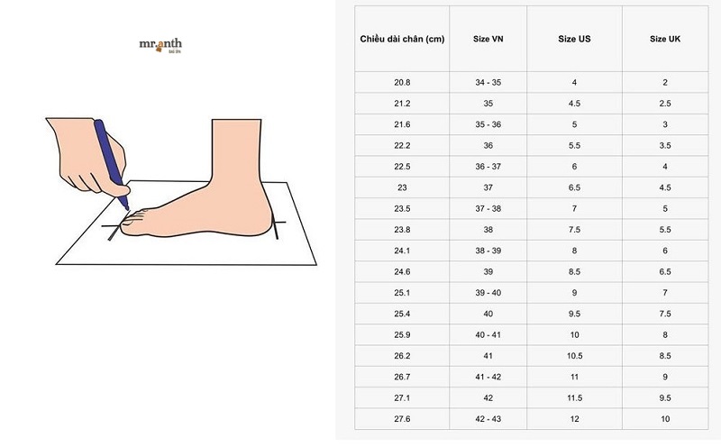 Chân 27cm đi giày size bao nhiêu?